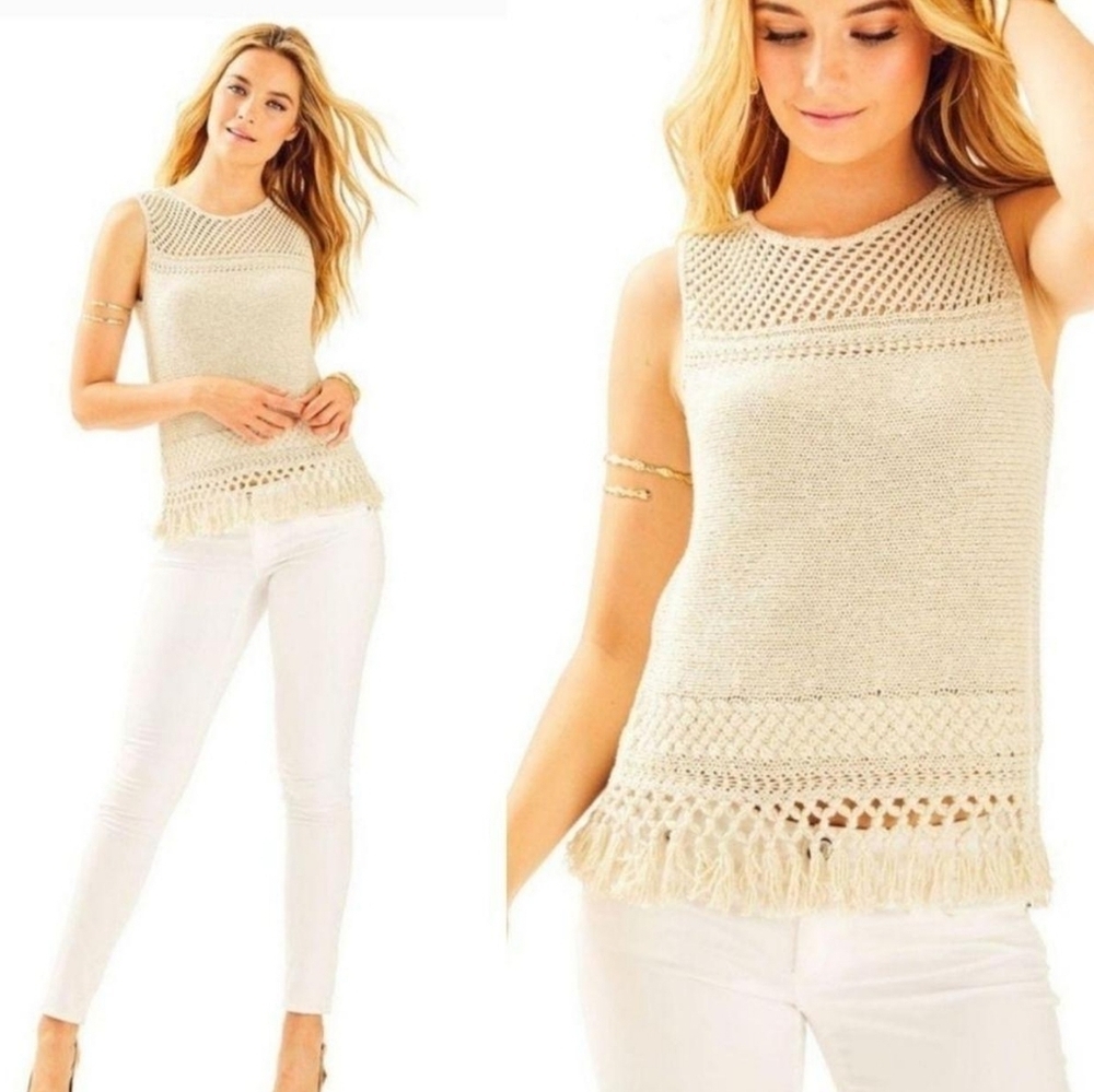 LILLY PULITZER LIMON Womens Small Metallic Gold Sleeveless Fringe Sweater - Picture 1 of 6